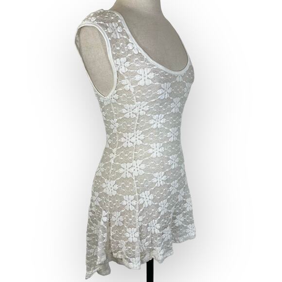 Cream lace mini tunic top, ladies stretch floral high low scoop neck - Picture 4 of 6